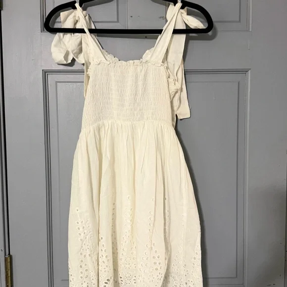 Altar’d State Cream Eyelet Midi Dress Smocked Bodice Tie Strap XS Cottagecore - Picture 3 of 6